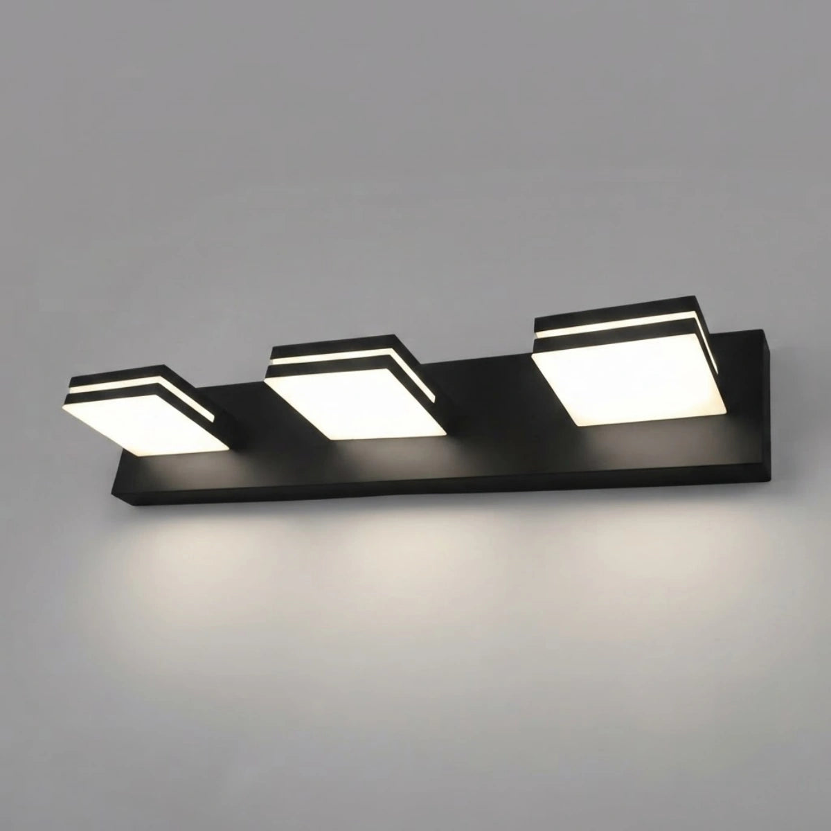 Arcato Modern 3-Light Bathroom Vanity – Cube Acrylic Shades on Matte Black Bathroom