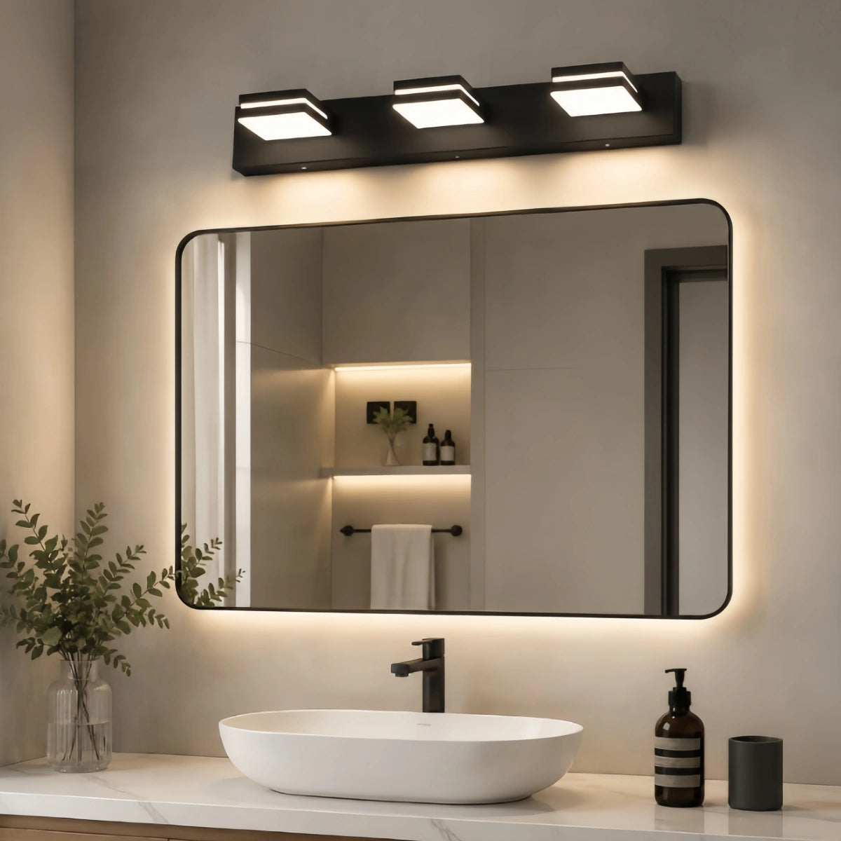 Arcato Modern 3-Light Bathroom Vanity – Cube Acrylic Shades on Matte Black Bathroom
