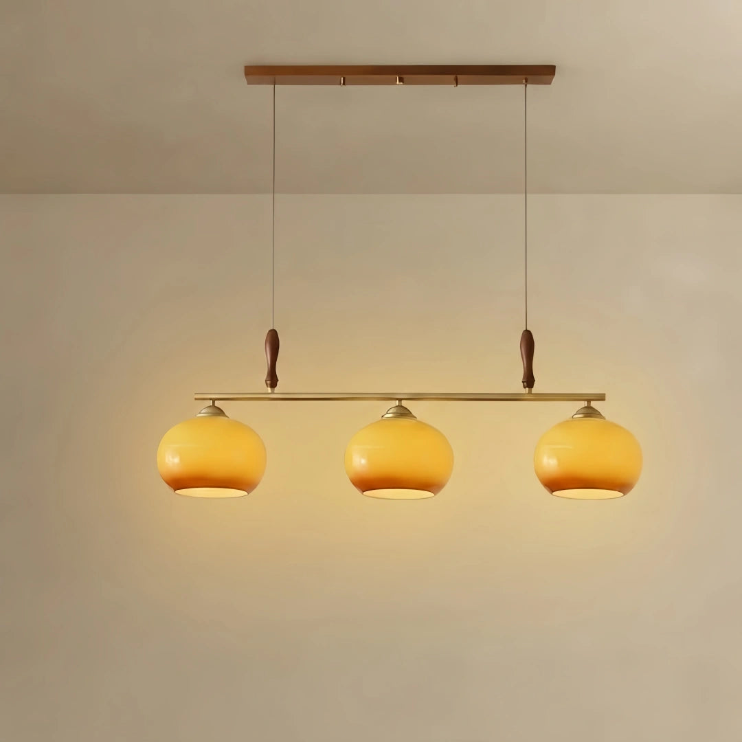 Modern Pendant Lamp — Amber Glass Shades & Brass Bar Wood Accent for Dining Table