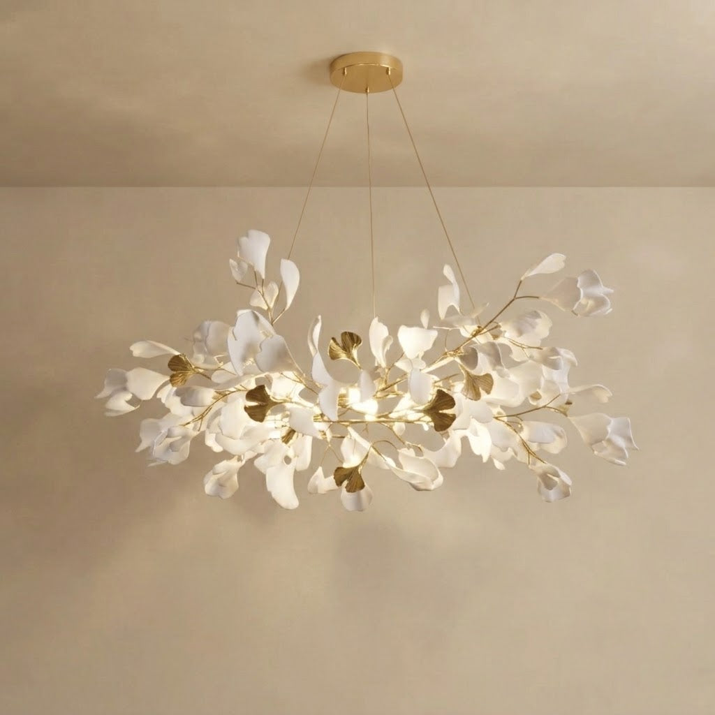 Excelis Art Deco White Chandelier – Metal/Acrylic Gingko Design for Living Room