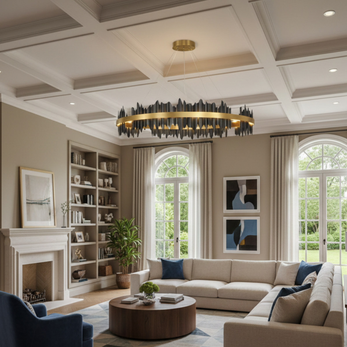 Excelis Dual-Ring Chandelier – Stainless Steel in Jet Black or Polished Gold for Living Room