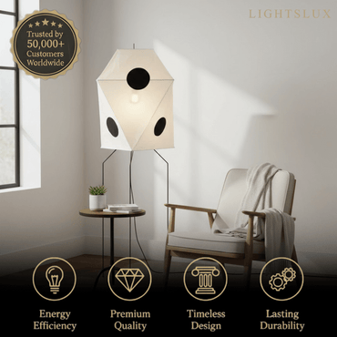 Japanese Rice Paper Floor Lamp — Translucent Angled Shade & Black Metal Frame