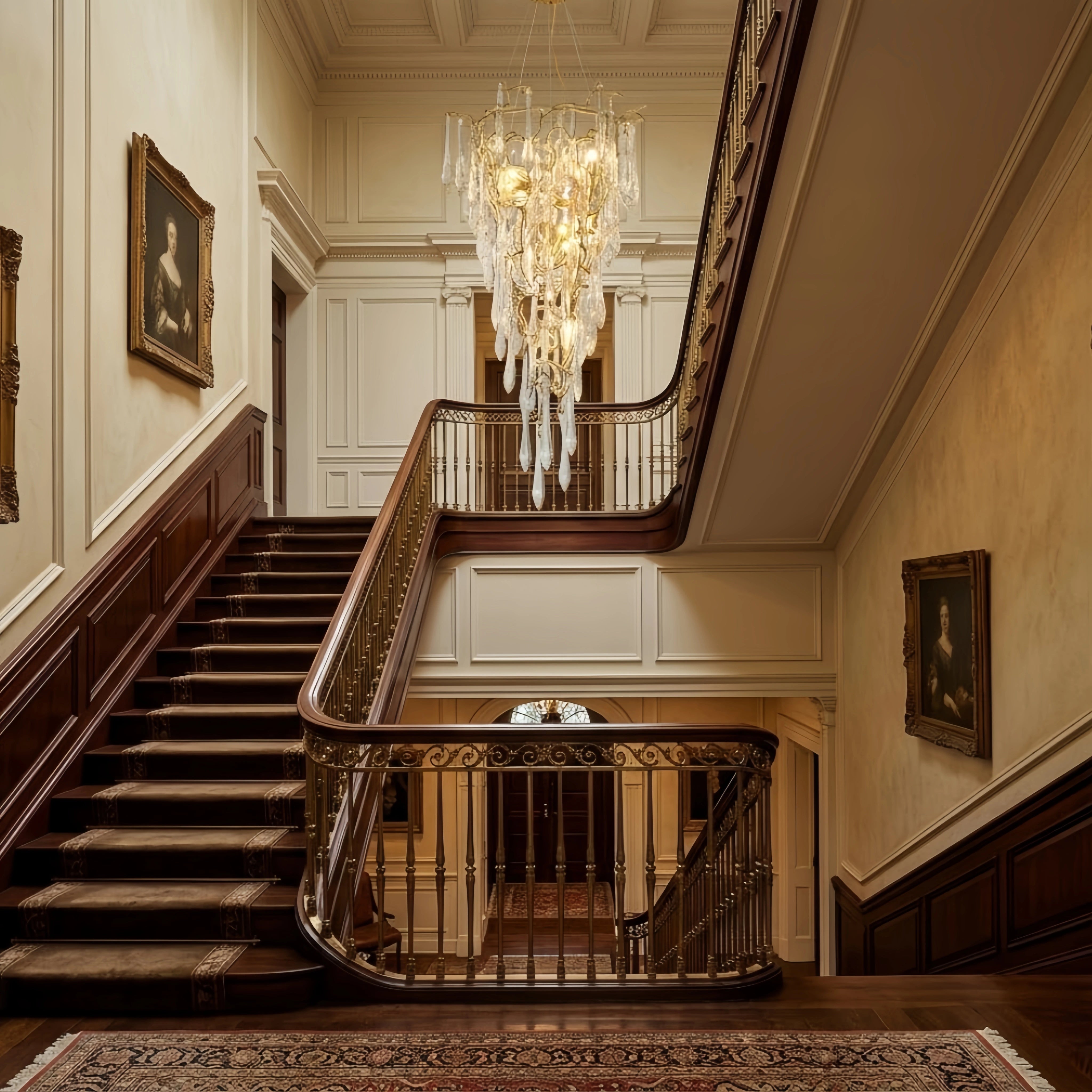Candelabro Excelis de lujo con ramas – Latón y cristal para salón/escalera de techo alto