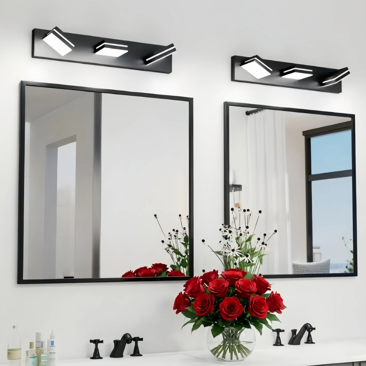 Arcato Modern 3-Light Bathroom Vanity – Cube Acrylic Shades on Matte Black Bathroom