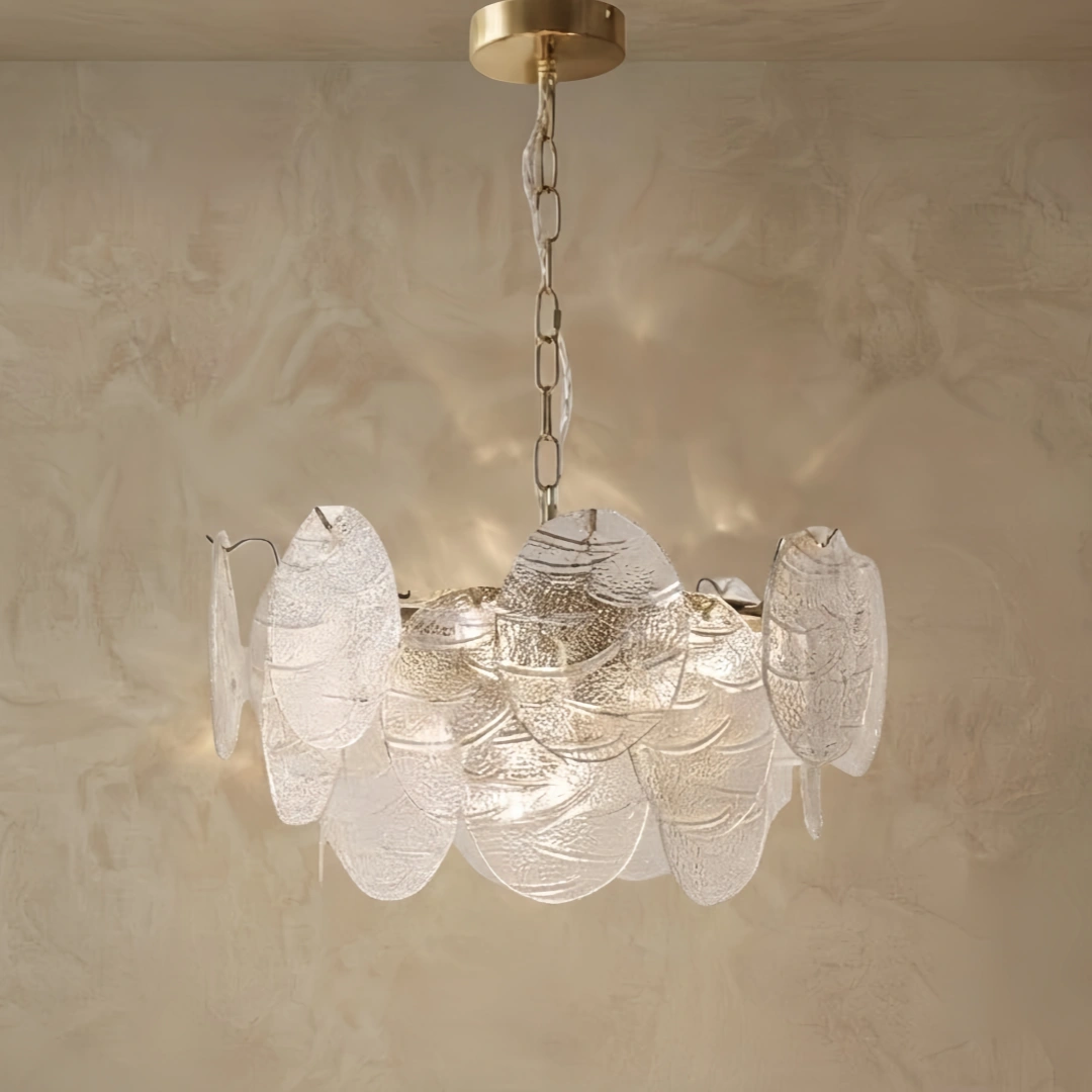 Modern Gold Chandelier — Rippled Wavy Glass Panels & Iron Frame for Living Room