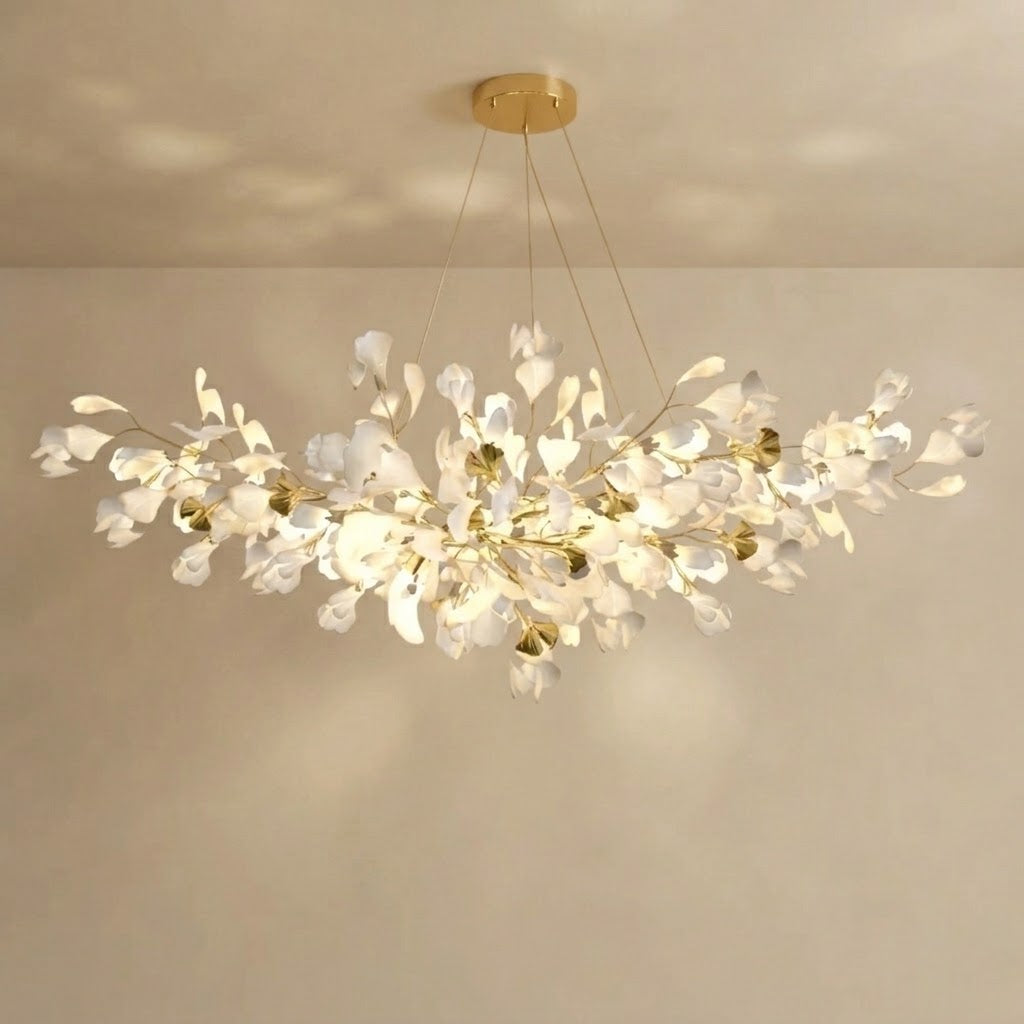 Excelis Art Deco White Chandelier – Metal/Acrylic Gingko Design for Living Room