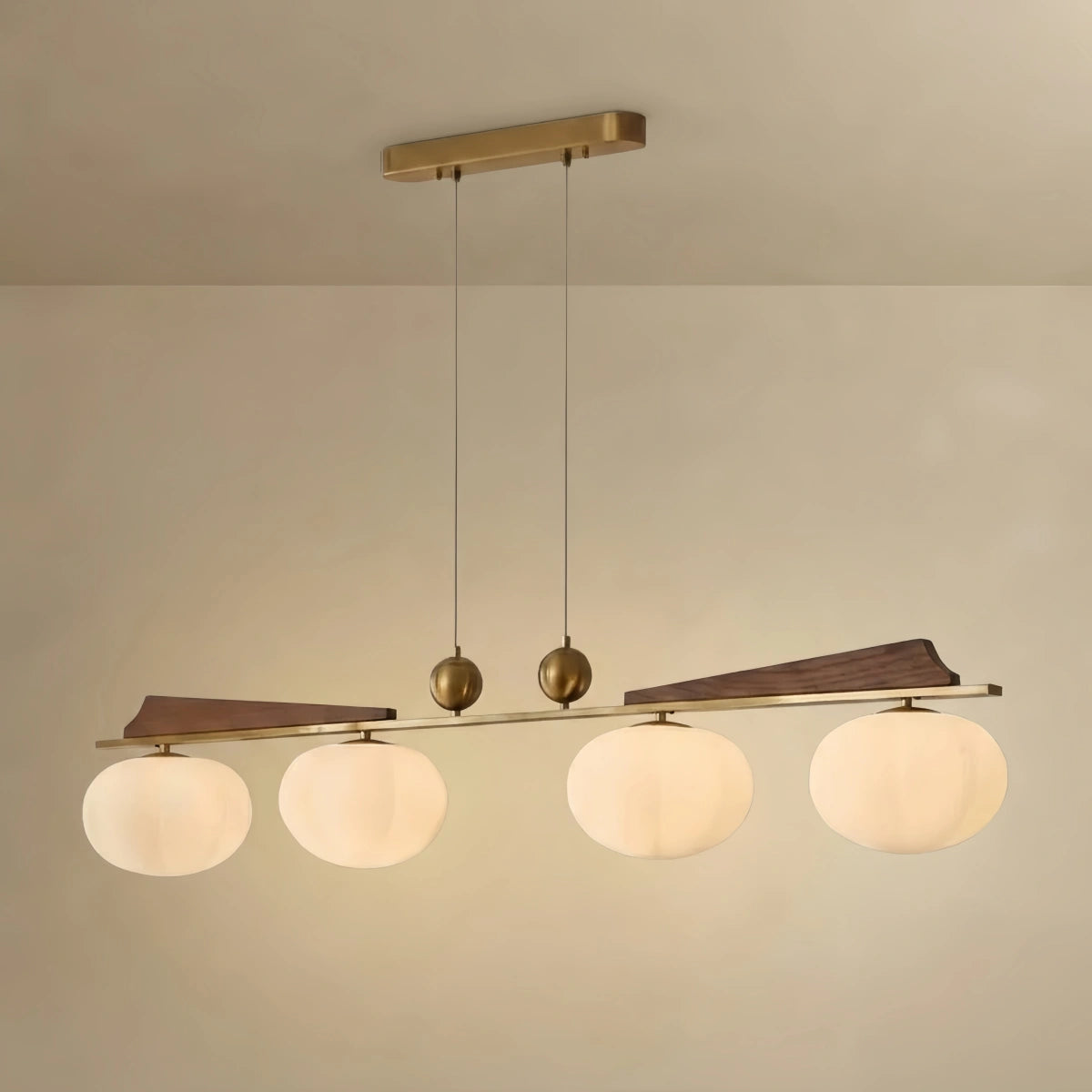 Mid-Century Modern Starburst Chandelier — Brass Walnut Opal Glass for Dining Room