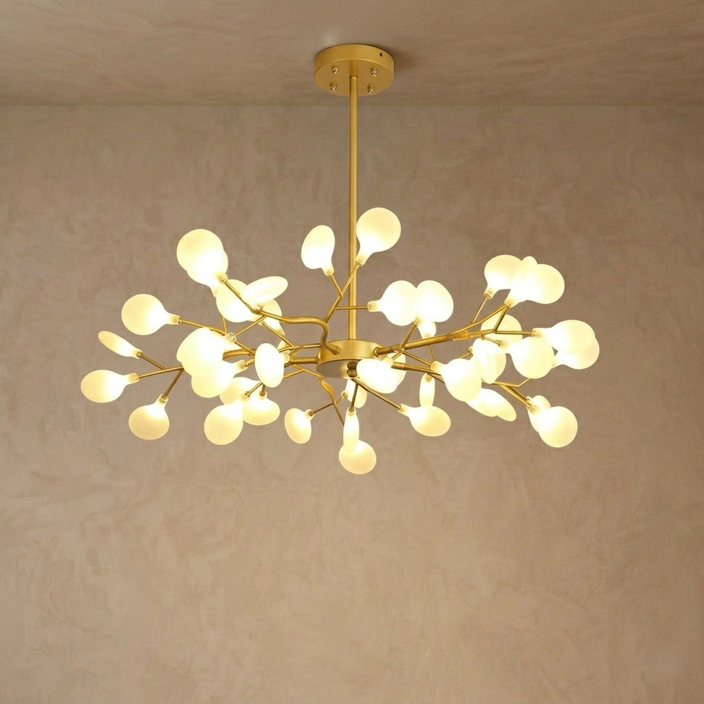Lámpara de araña Excelis Art Déco - Diseño de ramas y luciérnagas en negro y dorado para comedor/sala de estar