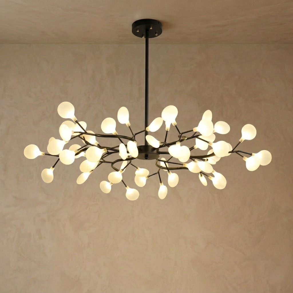 Lámpara de araña Excelis Art Déco - Diseño de ramas y luciérnagas en negro y dorado para comedor/sala de estar