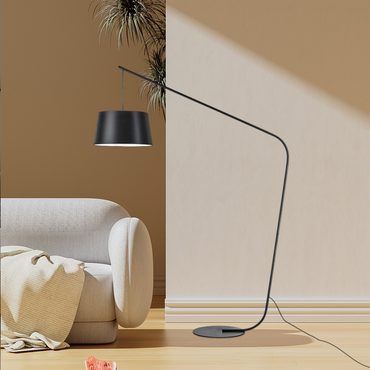 Modern Black Floor Lamp - Metal & Fabric Shade with LED