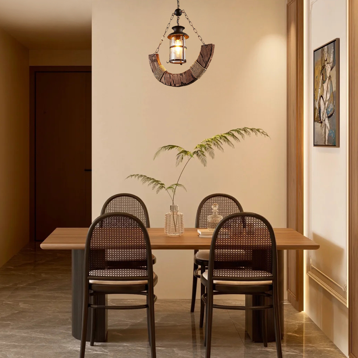 Irondale Rustic Arc Pendant Light — Wood & Metal & Glass Lantern Dining Room