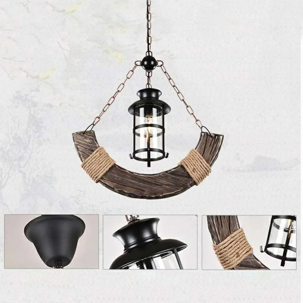 Vintage Lantern Pendant Light — Black Metal & Burlywood