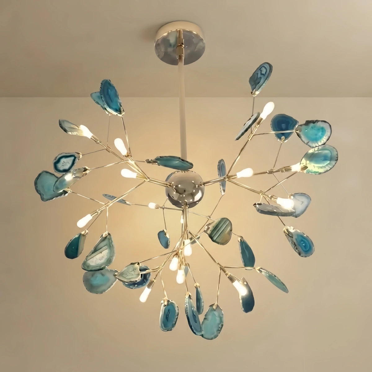 Excelis Art Deco Natural Agate Chandelier - Leaf Design in Blue/Green/Colorful
