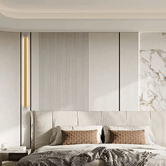 Minimalist Gold Linear Wall Lamp  on the back wallof bed