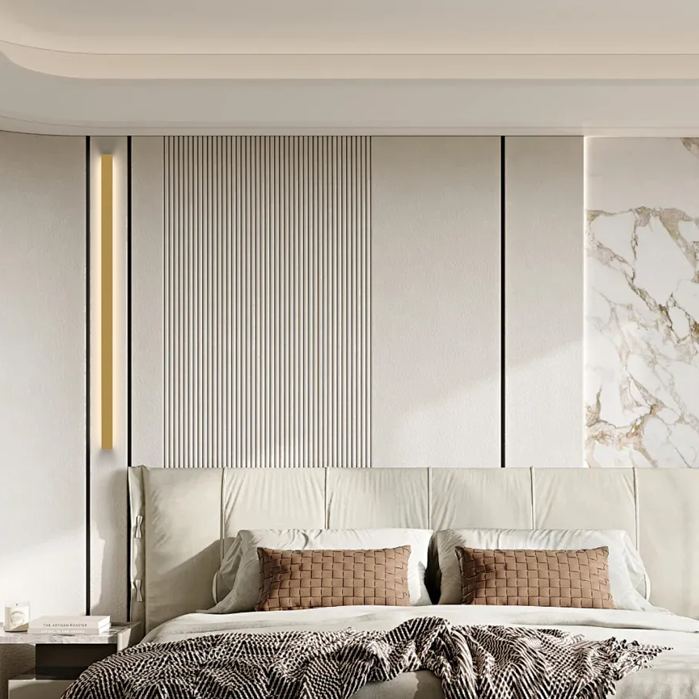 Minimalist Gold Linear Wall Lamp on the back wallof bed