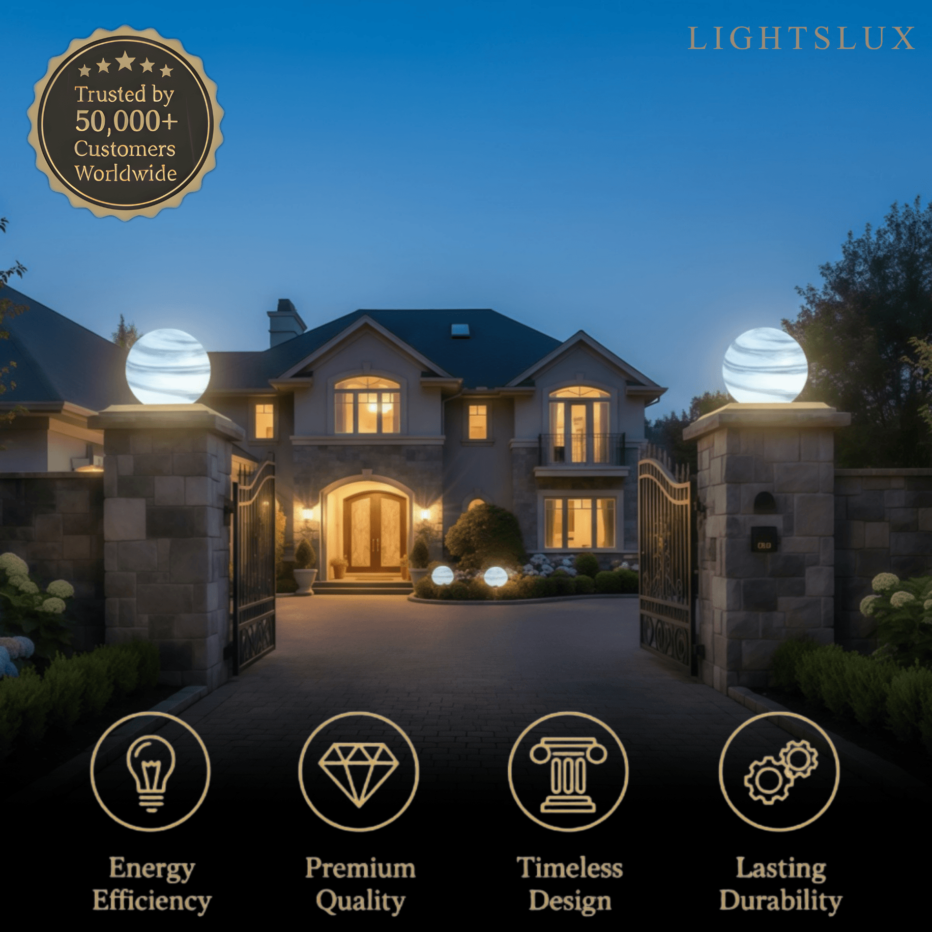 Lunara Art Deco Globe Outdoor Post Light – Moon-Shaped Metal/Glass Solar Pillar Lamp