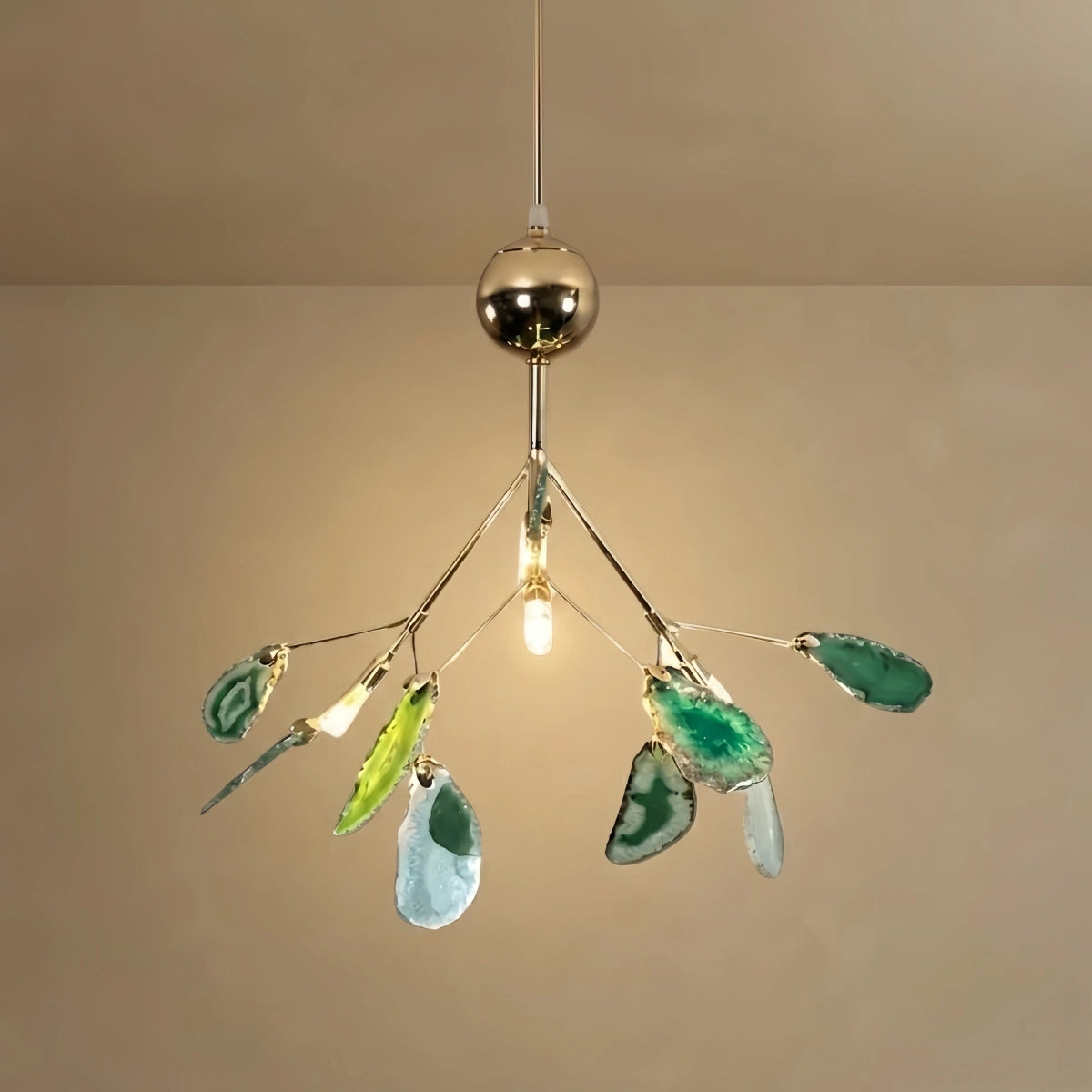 Excelis Art Deco Natural Agate Chandelier - Leaf Design in Blue/Green/Colorful