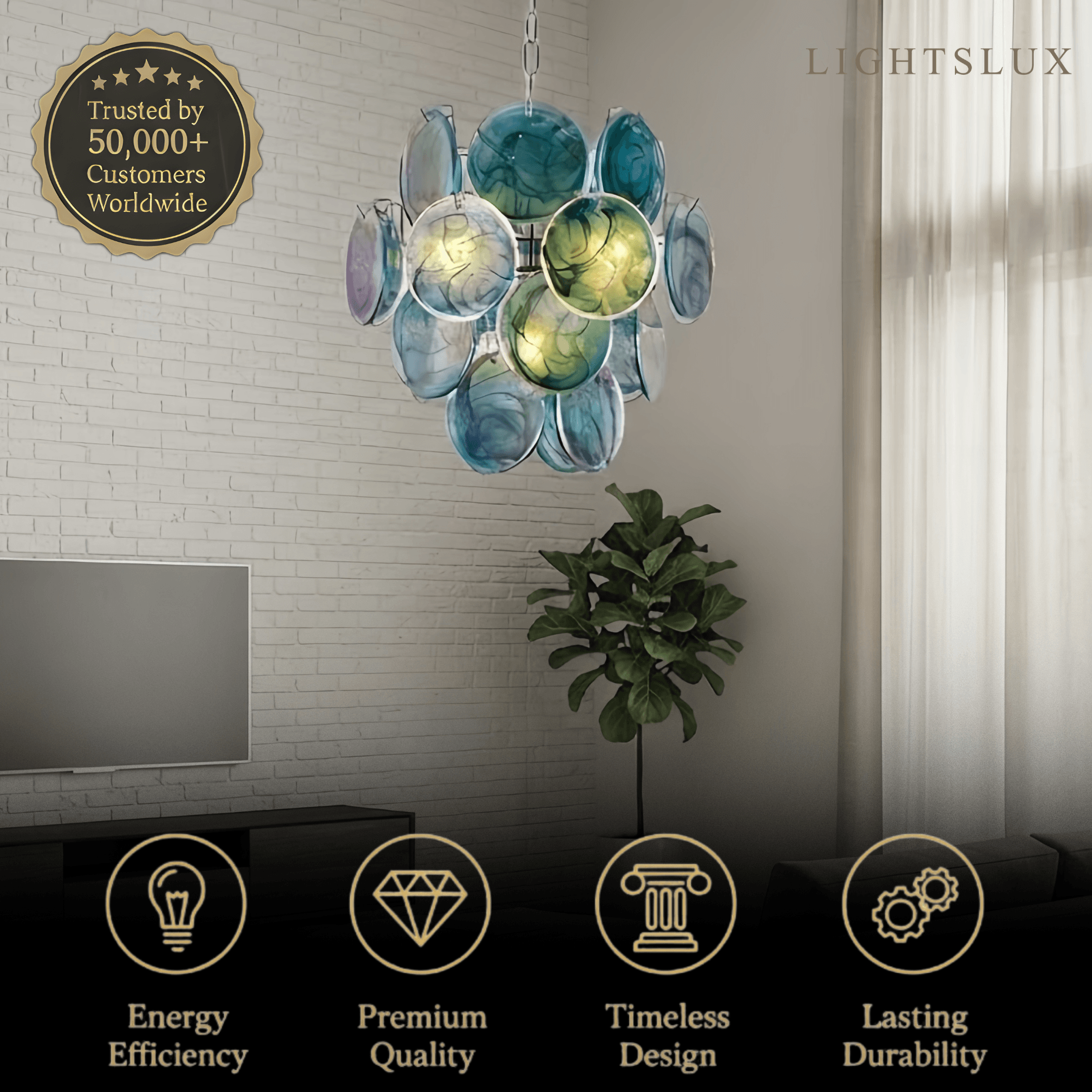 Art Deco Chandelier -- Handcrafted Iridescent Cloud Glass for Dining Room
