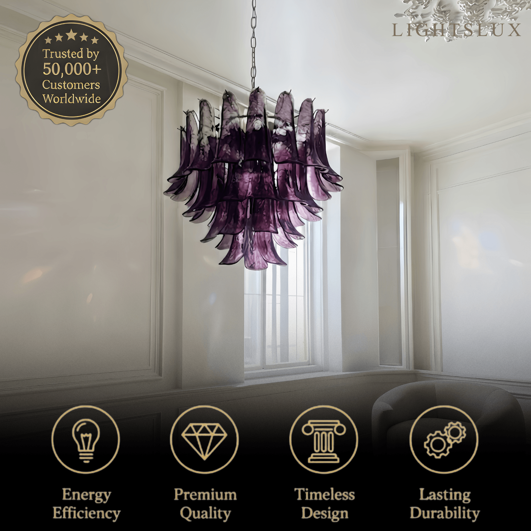 Vetro Vintage Glass Chandelier -- Iron Body Purple Finish-for Living Room
