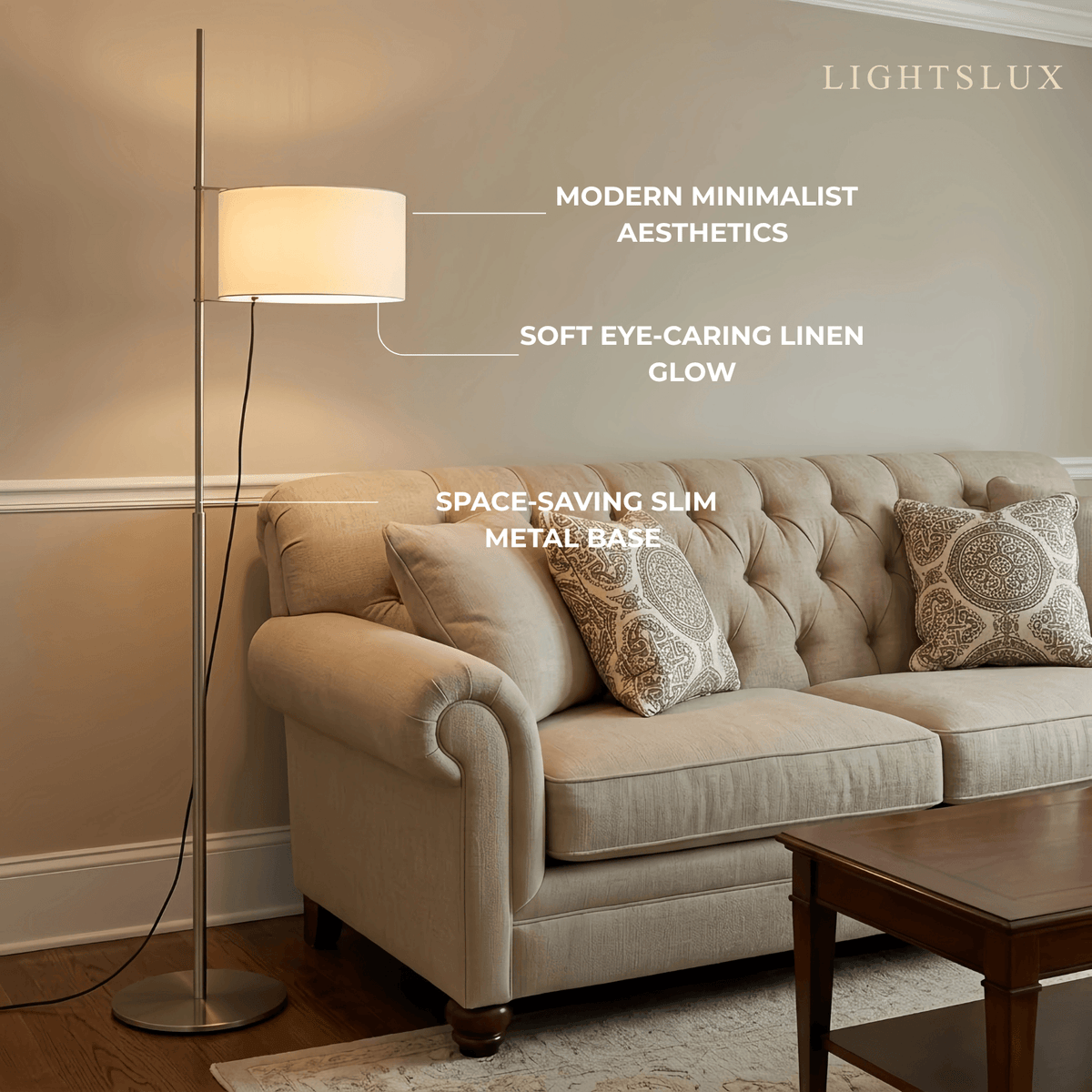 Vivara Mid-Century Floor Lamp -- Fabric Shade Nickel for Living Room