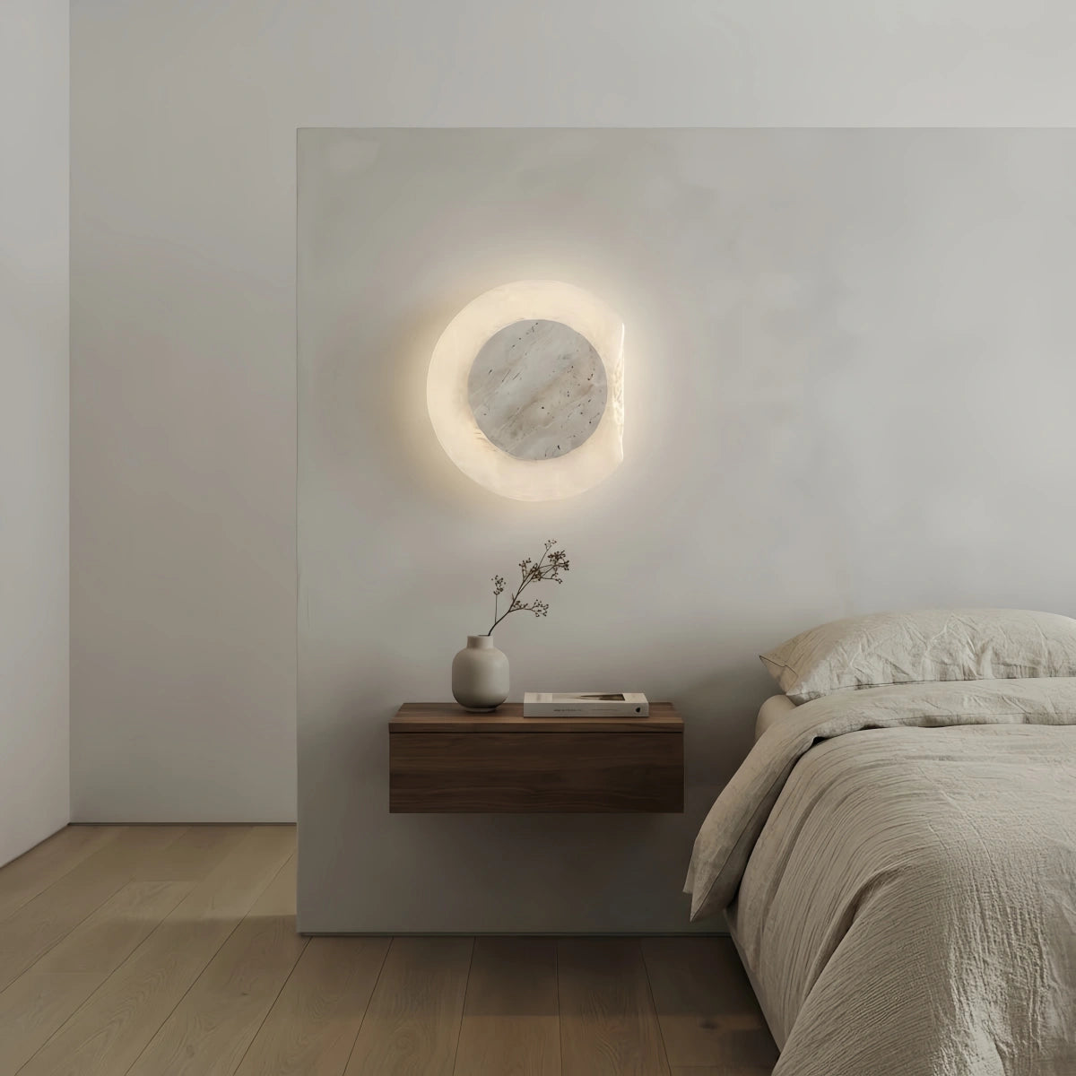 Wabi-sabi Round Wall Lamp -- Natural Yellow Travertine & Acrylic for Bedroom