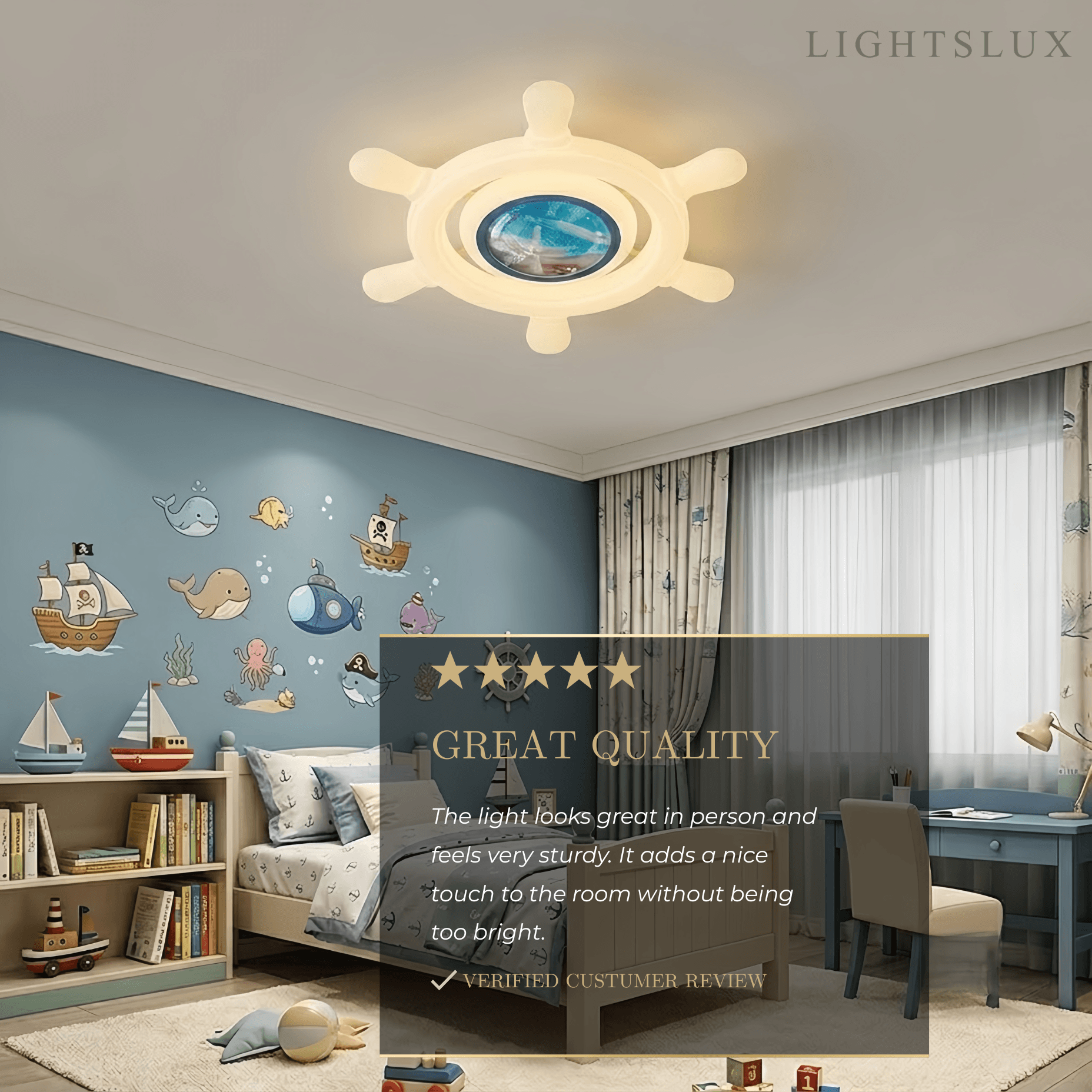 Vivara Art Deco Ship's Helm Ceiling Light -- Iron & PE Dimmable White/Blue for Children