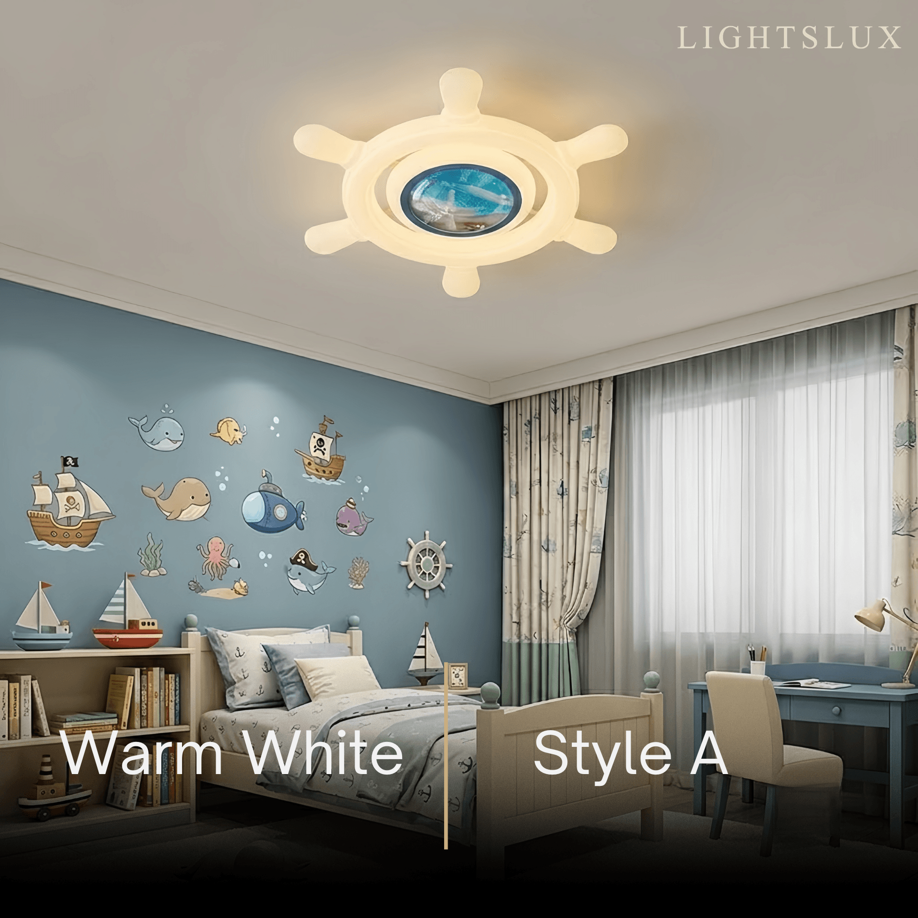 Vivara Art Deco Ship's Helm Ceiling Light -- Iron & PE Dimmable White/Blue for Bedroom Style