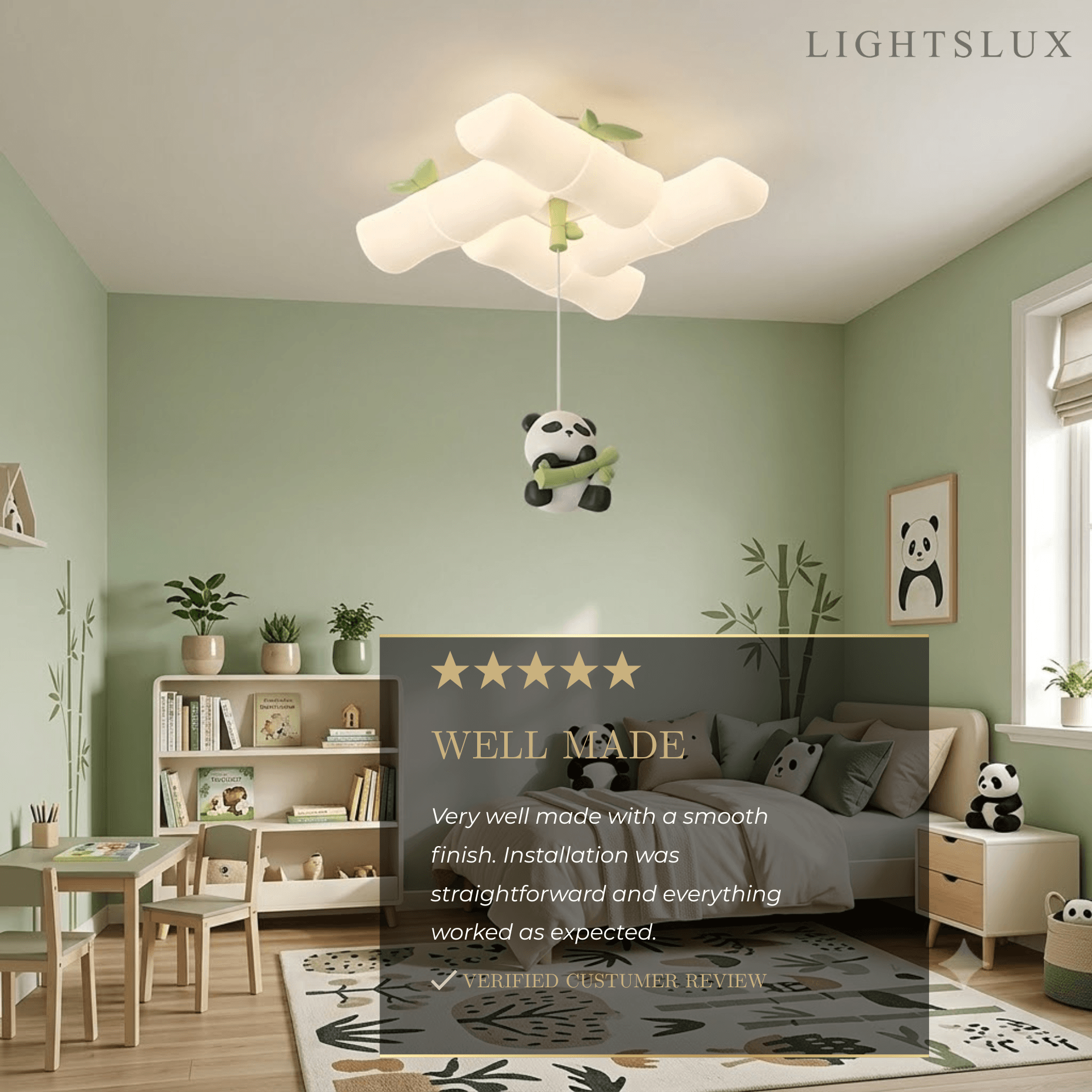 Vivara Art Deco Bamboo-Inspired Ceiling Light -- White Panda Iron & PE for Children's Room Well Made