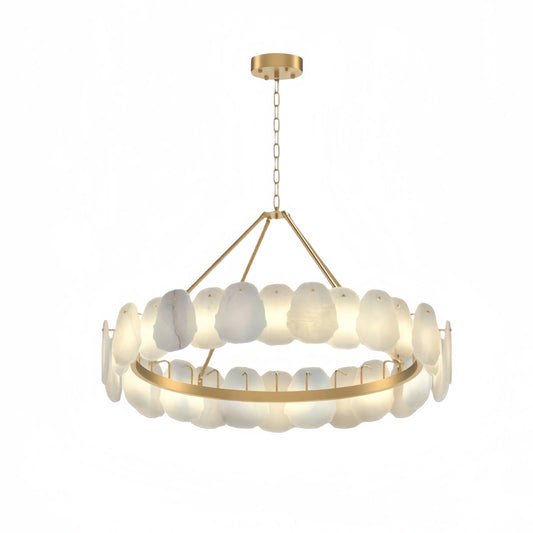 Excelis Luxury Sculptural Brushed Gold Chandelier - Layered Alabaster & Hand-Shaped Brass for Dining Room