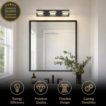 Arcato Modern 3-Light Bathroom Vanity – Cube Acrylic Shades on Matte Black & Gold Bathroom