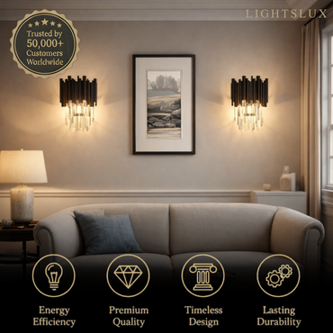 Excelis Luxury Obsidian Crystal Wall Sconce – Black Stainless Steel with Clear Crystals