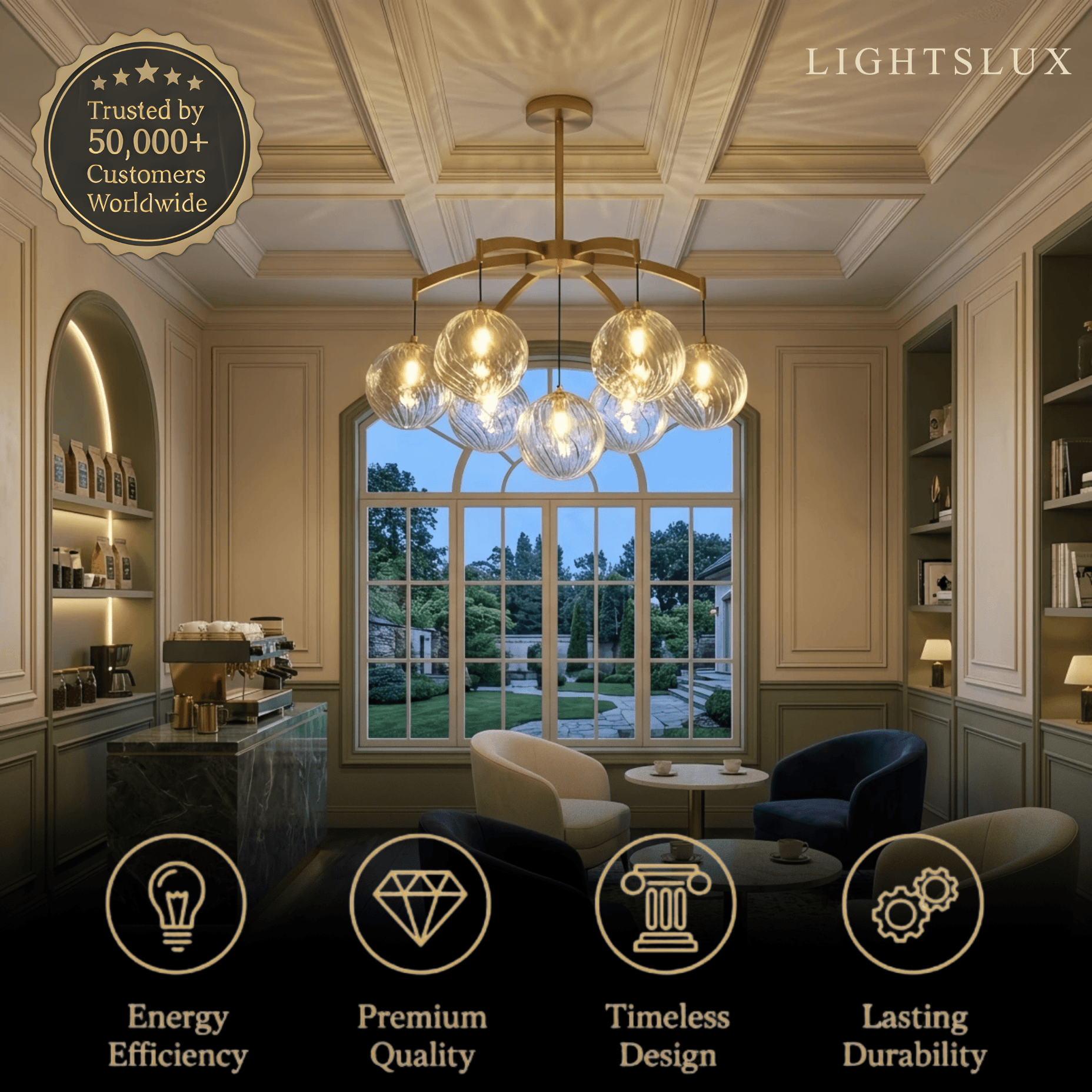 Royal Globe Chandelier – Solid Brass Brushed Gold Dimmable for Living Room