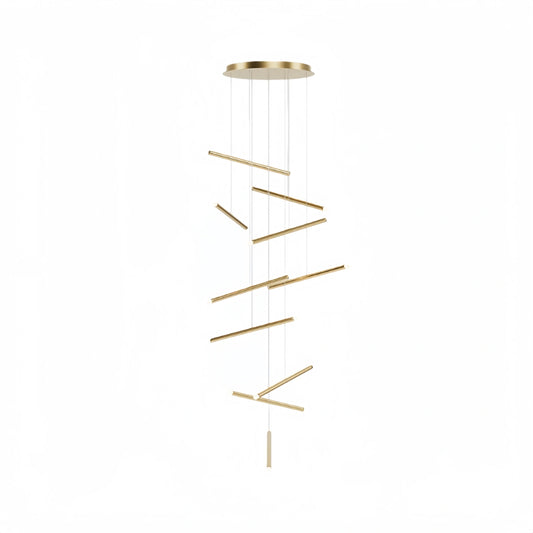 Nebula Luxury Flowing Gold Chandelier – Metallic Acrylic Rods Sculptural Cascade for Staircase