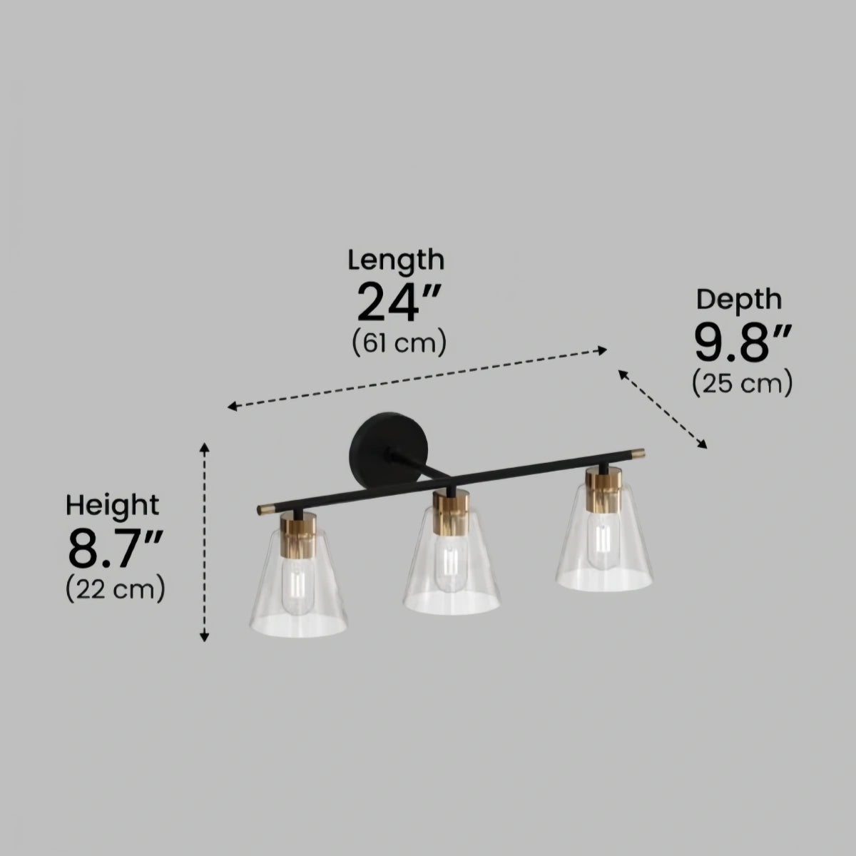 Irondale 3-Light Bathroom Vanity – Matte Black/Brushed Gold Flared Glass Shades Bathroom