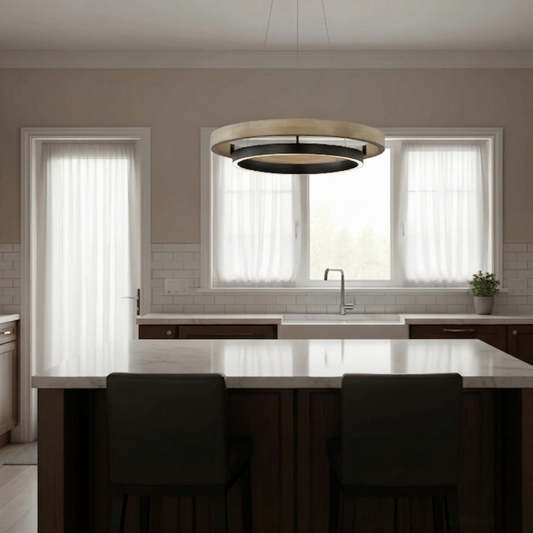 Zenno Modern Farmhouse Chandelier – Wood & Black Acrylic Circular LED for Dining Room