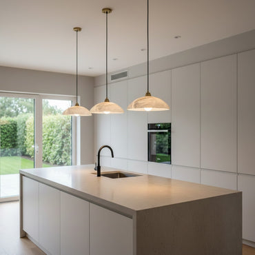Pendant Lamp — Carved Alabaster & Polished Brass for Dining Room