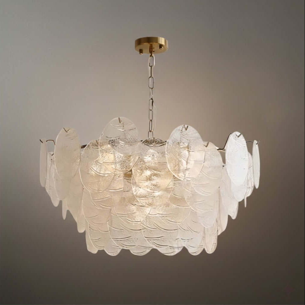 Chandelier — Rippled Wavy Glass Panels & Iron Frame for Living Room
