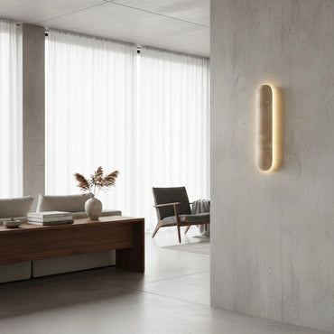 Minimalist Travertine Pillar Wall Lamp — Slender Carved Stone with Back Glow