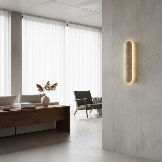 Minimalist Travertine Pillar Wall Lamp — Slender Carved Stone with Back Glow