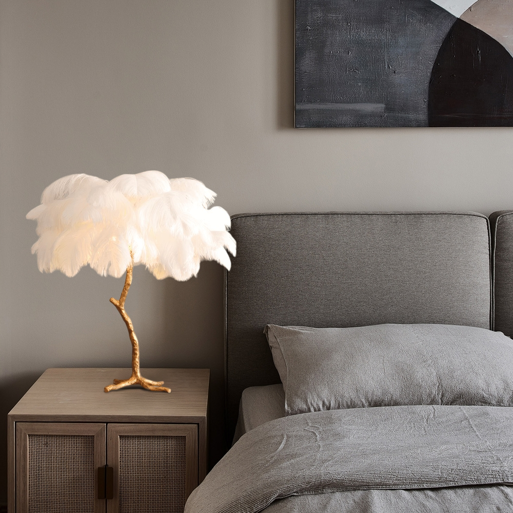 Art Deco White Feather Table Lamp Bedroom