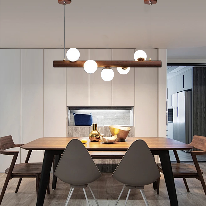 Modern Walnut Linear 5-Head Pendant Light for Dining Room
