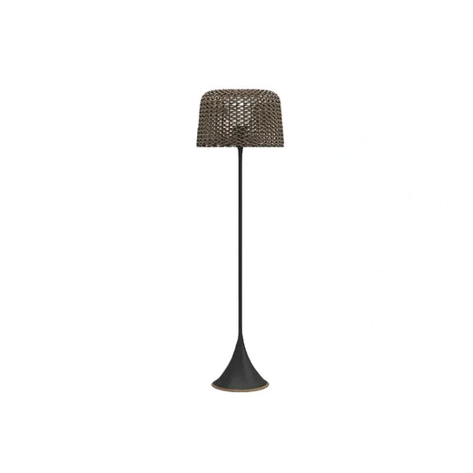 Bamburo Vintage Rattan Solar Outdoor Floor Lamp – Black Metal Hooded Terrace