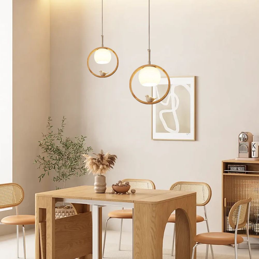 Wood Pendant Light – Metal Ring Design for Living Room