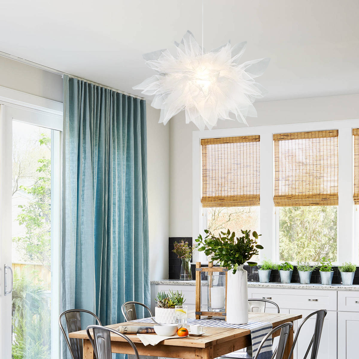 Pendant Light – White Metal Floral with Organza Shade for Bedroom