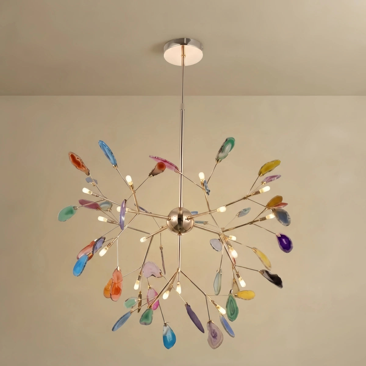 Excelis Art Deco Natural Agate Chandelier - Leaf Design in Blue/Green/Colorful