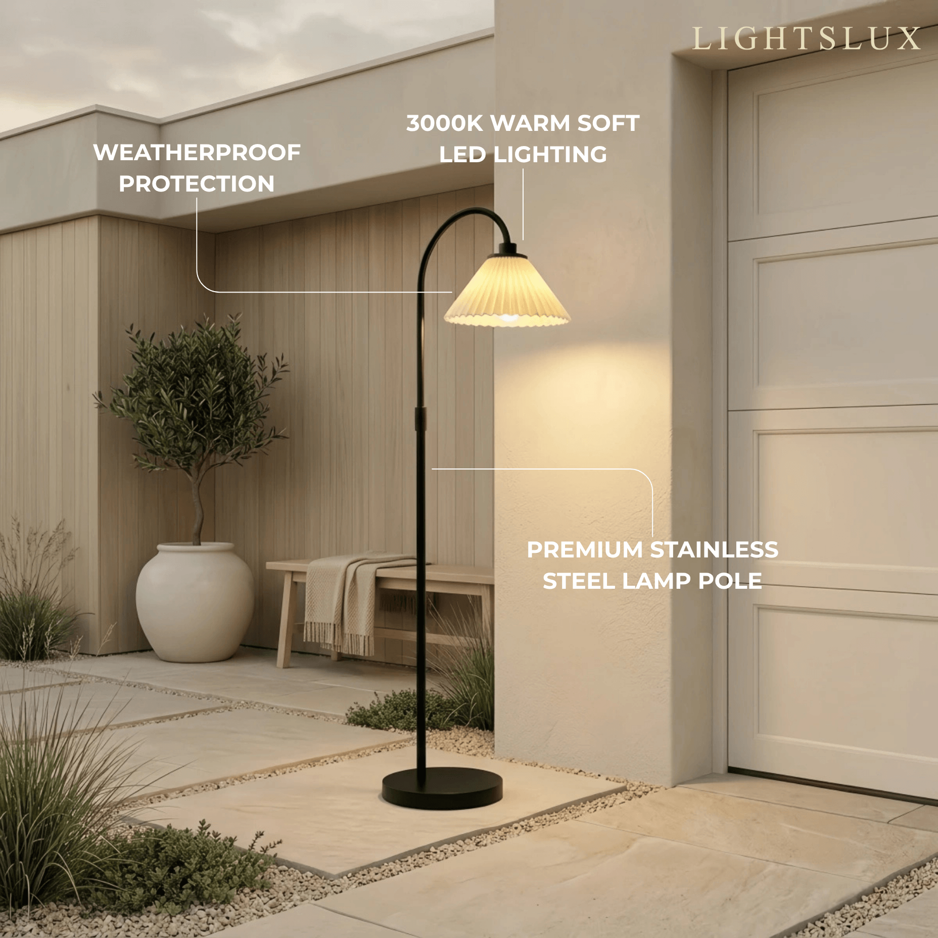 Solara Elegant LED Floor Lamp -- Stainless Steel & PC Black for Garden/Courtyard Features