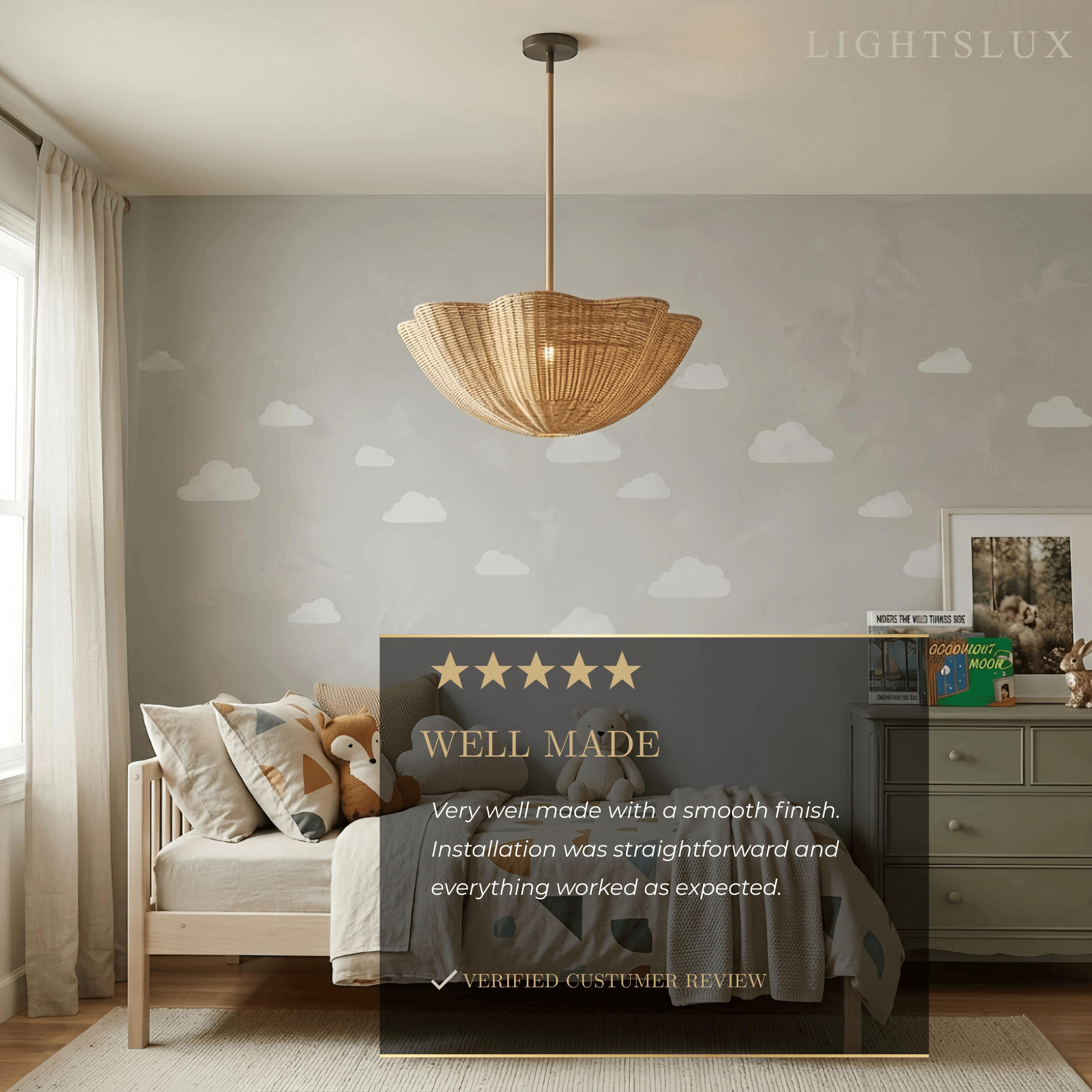 Modern Pendant Light - Scalloped Woven Rattan & Iron for Dining Room