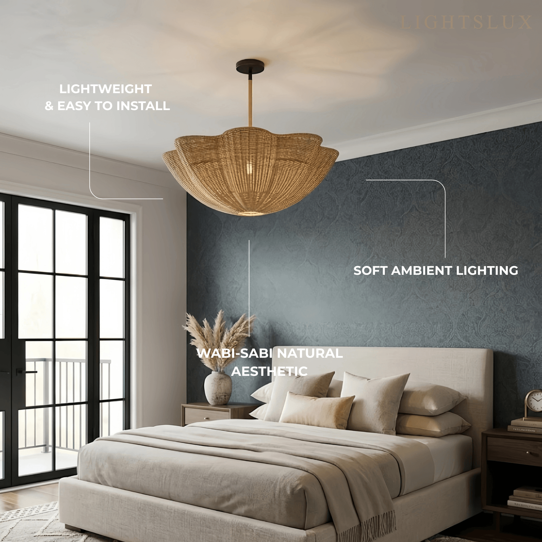 Modern Pendant Light - Scalloped Woven Rattan & Iron for Dining Room
