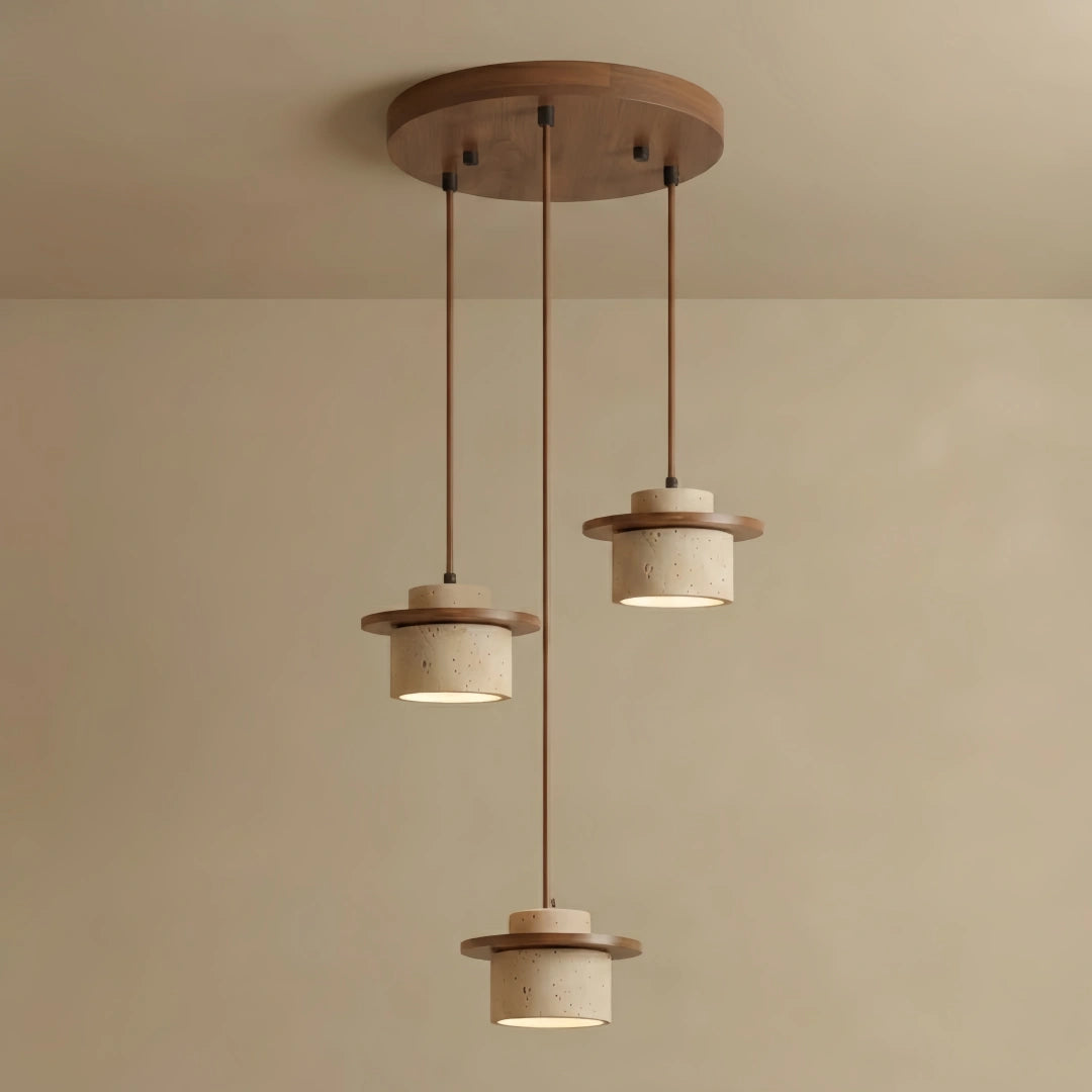 Minimalist Multi-Light Pendant – Travertine & Wood Walnut Beige for Dining Room