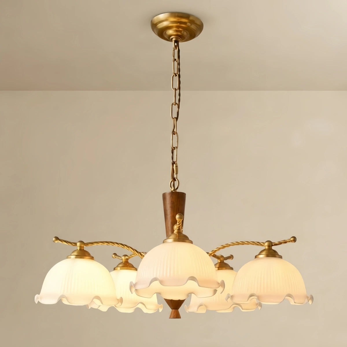 Excelis Vintage Iron Glass Walnut Wood Chandelier -- Copper or Walnut